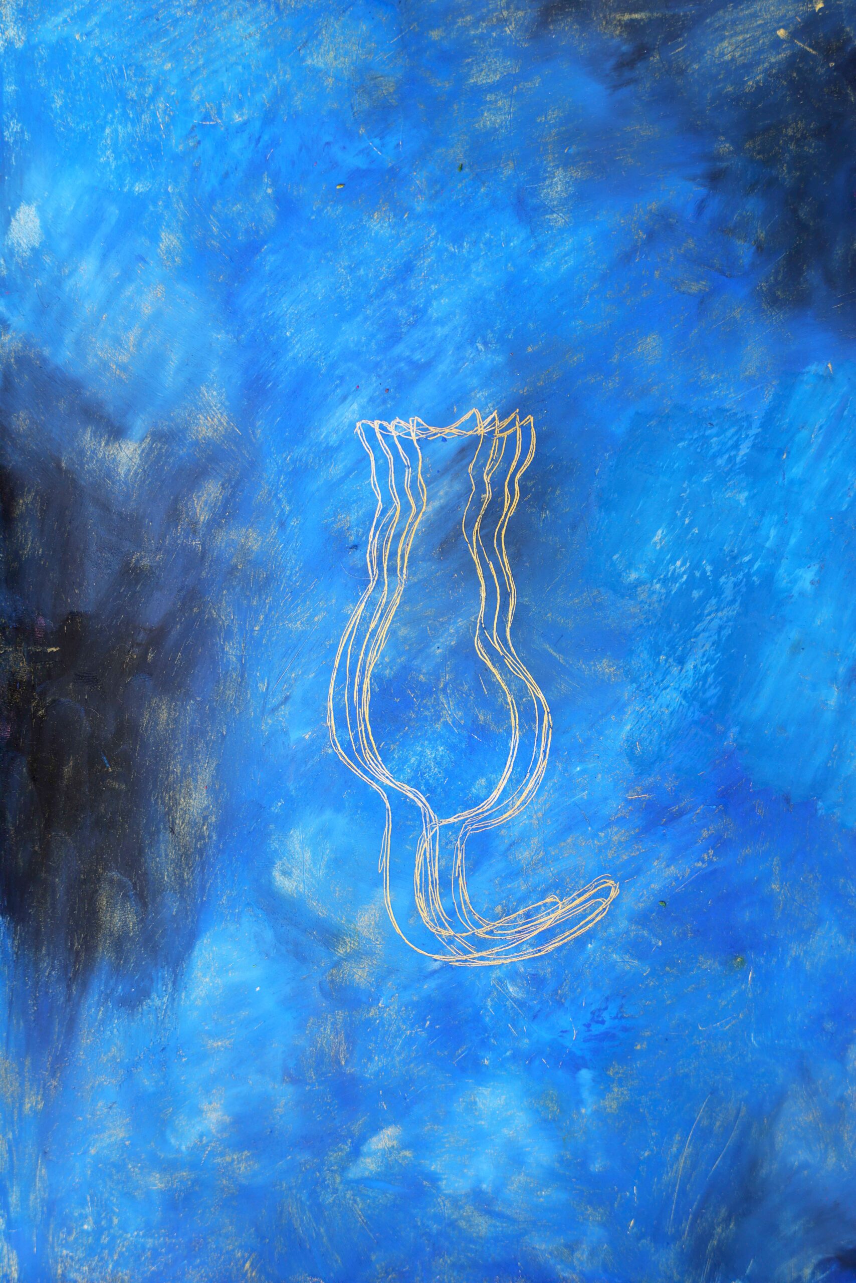 07 Untergrund vollflächig mit goldener Acrylfarbe, darüber vollflächig Ölpastellkreide, Figur mit spitzem Gegenstand freigekratzt