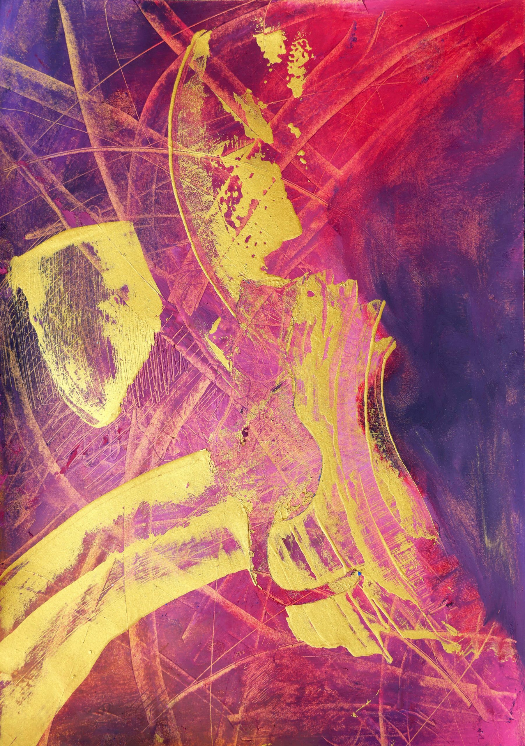 06 Ölpastellkreiden darauf goldenen Acrylfarbe mit Spachtel aufgetragen