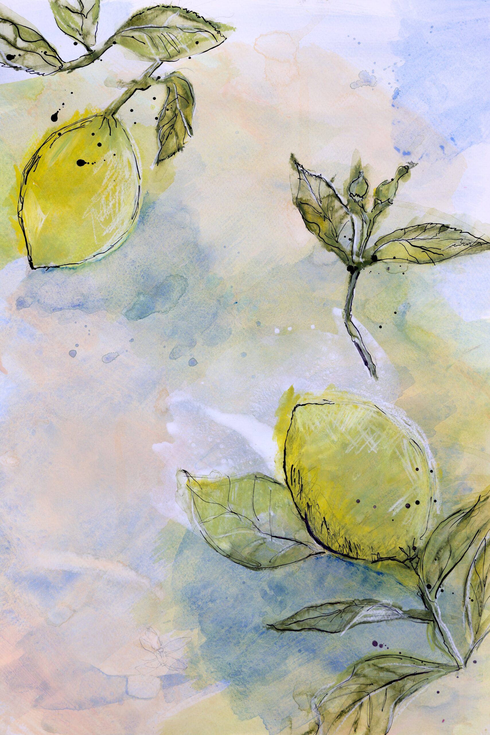 02 Acrylfarben hoch verdünnt in mehreren Schichten lasierend aufgetragen, Tuschefeder schwarz, weiße Kreide